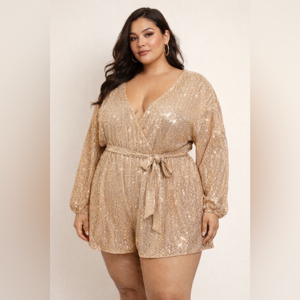 Double Crazy Sequin Romper 4XL Gold Sparkly Tie Waist Party Glam NWOT Plus